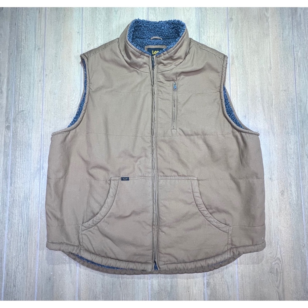 Lee Mens Brown Cotton Canvas Sherpa Lined Workwear Vest XL Full Zip Pockets